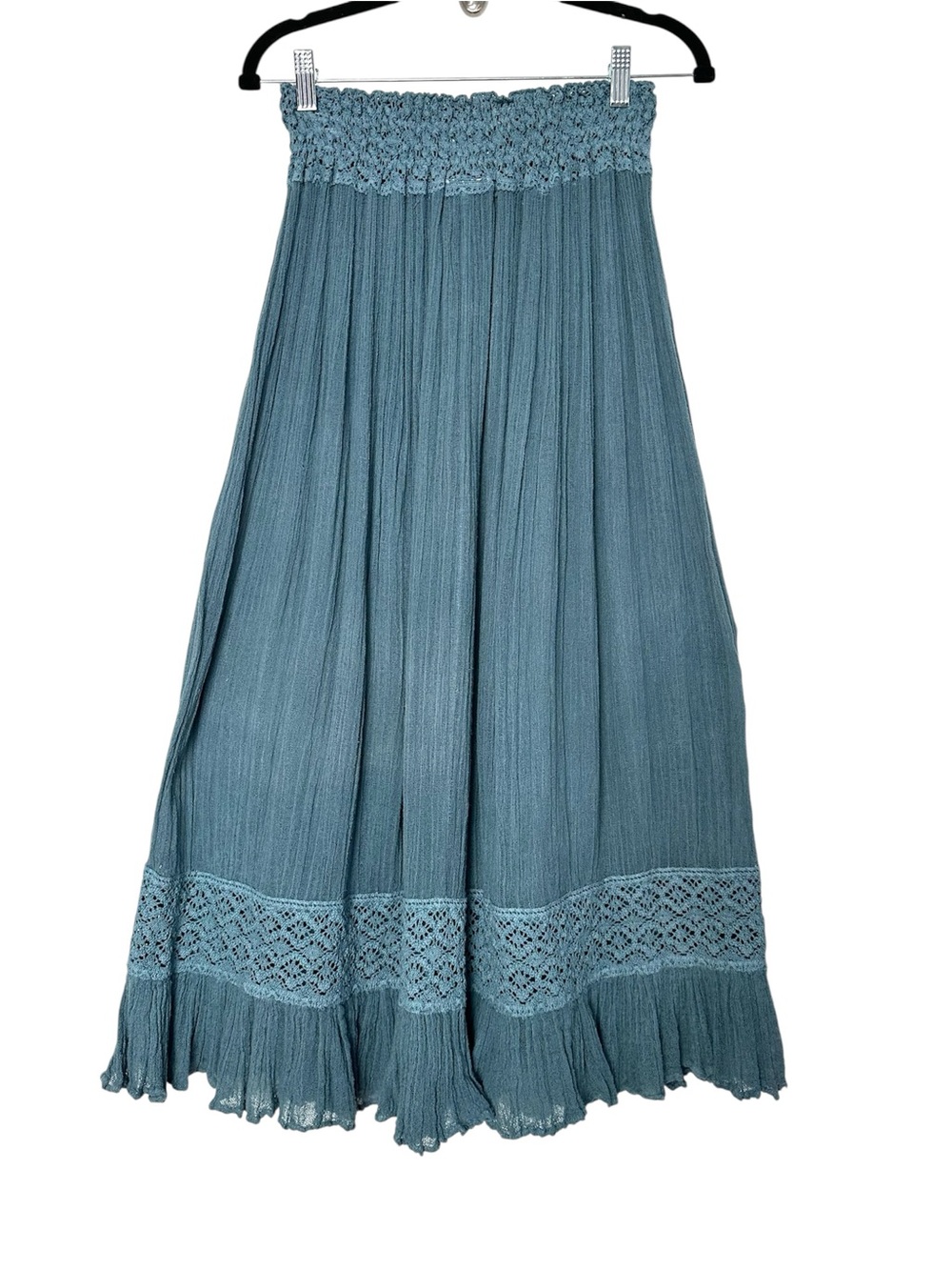 Boho Teal Gauze Crochet Maxi Skirt Sheer Beachy Swim Cover Up Earthy Goblincore - Picture 7 of 9
